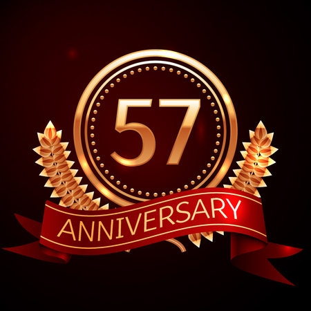 Fifty seven years anniversary celebration with golden ring and ribbon.のイラスト素材