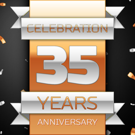 Thirty five years anniversary celebration golden and silver background. Anniversary ribbonのイラスト素材