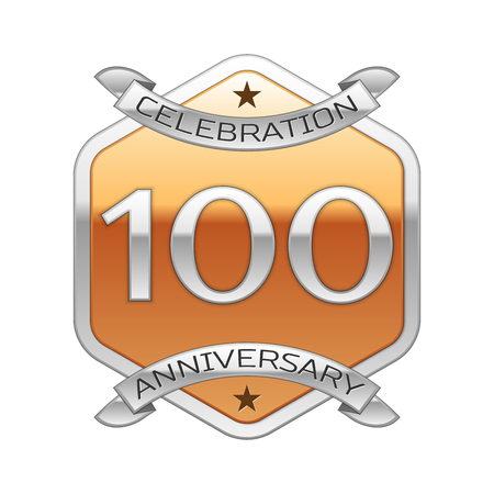 Hundred years anniversary celebration silver logo with silver ribbon and golden hexagonal ornament on white background.のイラスト素材