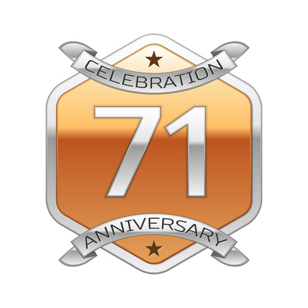 Seventy one years anniversary celebration silver logo with silver ribbon and golden hexagonal ornament on white background.のイラスト素材