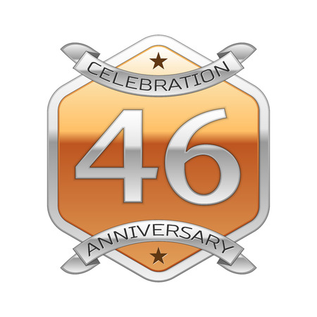 Forty six years anniversary celebration silver logo with silver ribbon and golden hexagonal ornament on white background.のイラスト素材
