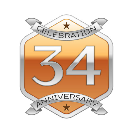 Thirty four years anniversary celebration silver logo with silver ribbon and golden hexagonal ornament on white background.のイラスト素材