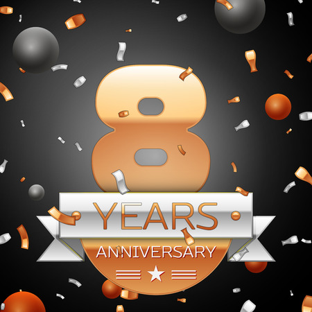 Eight years anniversary celebration background with silver ribbon confetti and circles. Anniversary ribbon. Vector illustration.のイラスト素材