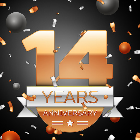 Fourteen years anniversary celebration background with silver ribbon confetti and circles. Anniversary ribbon. Vector illustration.のイラスト素材