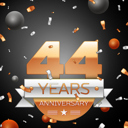 Forty four years anniversary celebration background with silver ribbon confetti and circles. Anniversary ribbon. Vector illustration.のイラスト素材