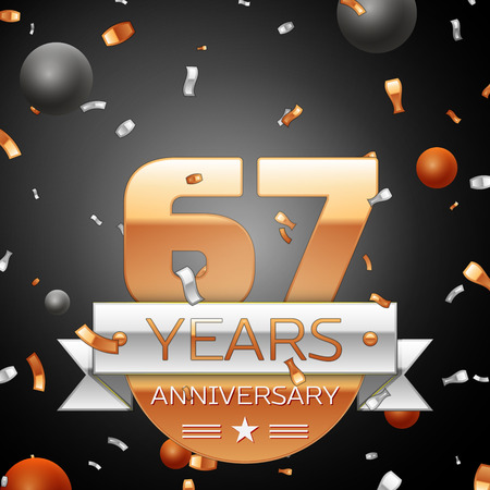 Sixty seven years anniversary celebration background with silver ribbon confetti and circles. Anniversary ribbon. Vector illustration.のイラスト素材