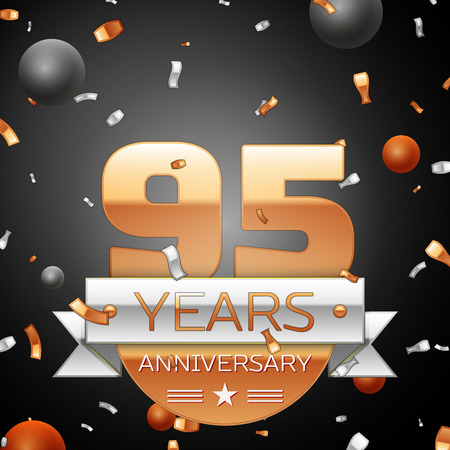 Ninety five years anniversary celebration background with silver ribbon confetti and circles. Anniversary ribbon. Vector illustration.のイラスト素材