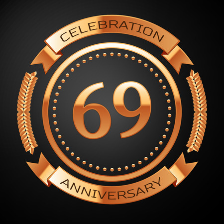 Sixty nine years anniversary celebration with golden ring and ribbon.のイラスト素材