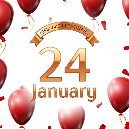 Golden ribbon with inscription grand opening the twenty fourth of January on white background red air balloons with confetti. Vector Illustrationのイラスト素材