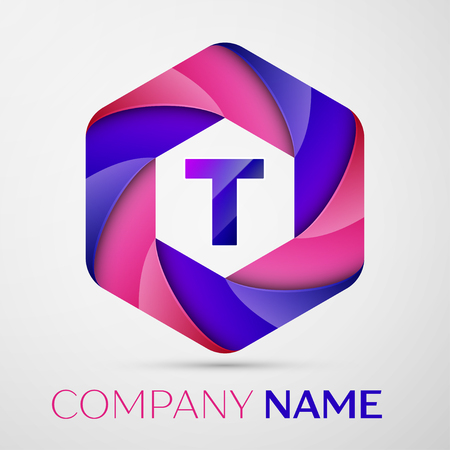 T Letter colorful logo in the hexagonal on grey background. Vector template for your designのイラスト素材