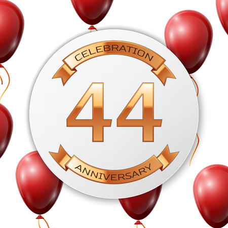 Golden number forty four years anniversary celebration on white circle paper banner with gold ribbon. Realistic red balloons with ribbon on white background. Vector illustration.のイラスト素材