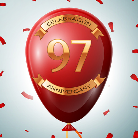 Red balloon with golden inscription ninety seven years anniversary celebration and golden ribbons on grey background and confetti.のイラスト素材