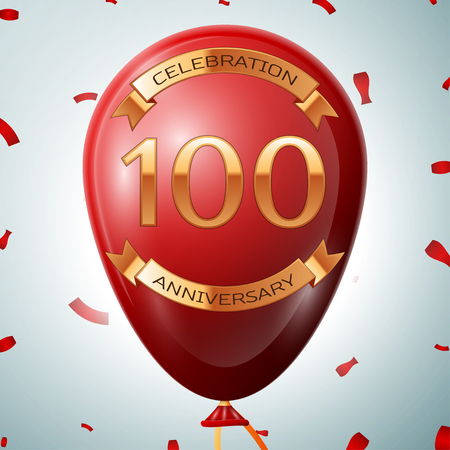 Red balloon with golden inscription hundred years anniversary celebration and golden ribbons on grey background and confetti.のイラスト素材