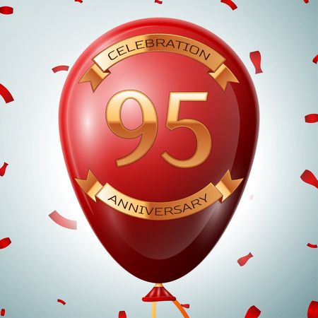 Red balloon with golden inscription ninety five years anniversary celebration and golden ribbons on grey background and confetti.のイラスト素材