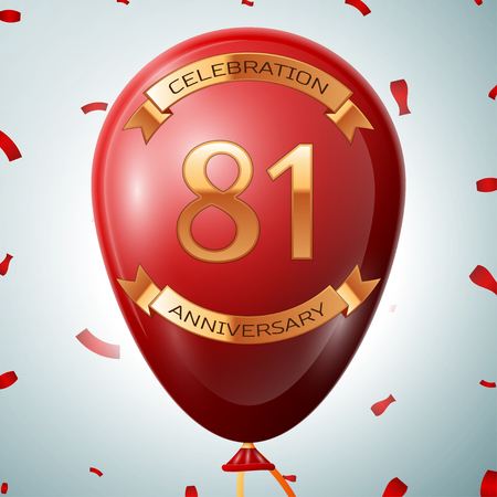Red balloon with golden inscription eighty one years anniversary celebration and golden ribbons on grey background and confetti.のイラスト素材