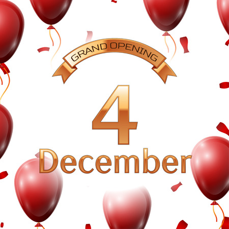 Golden ribbon with inscription grand opening the fourth of December on white background red air balloons with confetti. Vector Illustrationのイラスト素材