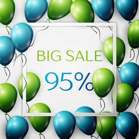 Realistic green and blue balloons with black ribbon in centre text Big Sale 95 percent Discounts in white square frame over white background. SALE concept for shopping, mobile devices, online shop.のイラスト素材