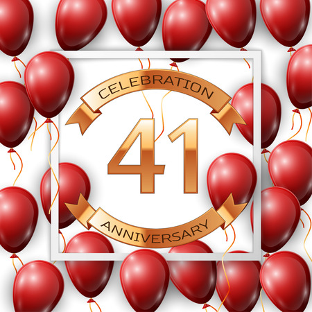 Realistic red balloons with ribbon in centre golden text forty one years anniversary celebration with ribbons in white square frame over white background. Vector illustrationのイラスト素材