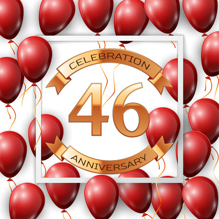 Realistic red balloons with ribbon in centre golden text forty six years anniversary celebration with ribbons in white square frame over white background. Vector illustrationのイラスト素材