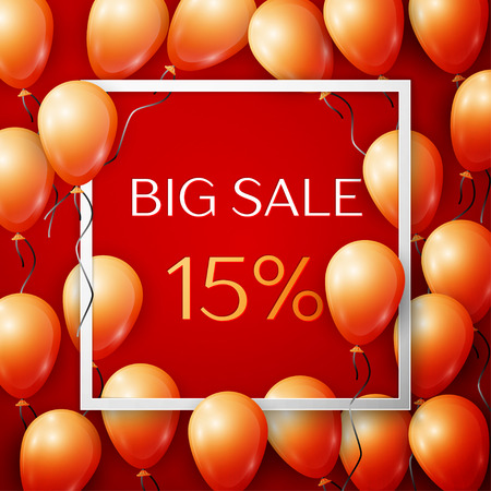 Realistic orange balloons with black ribbon in centre text Big Sale 15 percent Discounts in white square frame over red background. SALE concept for shopping, mobile devices, online shop. Vectorのイラスト素材