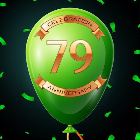 Green balloon with golden inscription seventy nine years anniversary celebration and golden ribbons, confetti on black background. Vector illustrationのイラスト素材