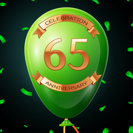Green balloon with golden inscription sixty five years anniversary celebration and golden ribbons, confetti on black background. Vector illustrationのイラスト素材