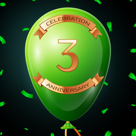Green balloon with golden inscription three years anniversary celebration and golden ribbons, confetti on black background. Vector illustrationのイラスト素材