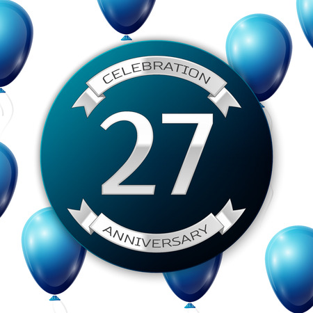 Silver number twenty seven years anniversary celebration on blue circle paper banner with silver ribbon. Realistic blue balloons with ribbon on white background. Vector illustration.のイラスト素材