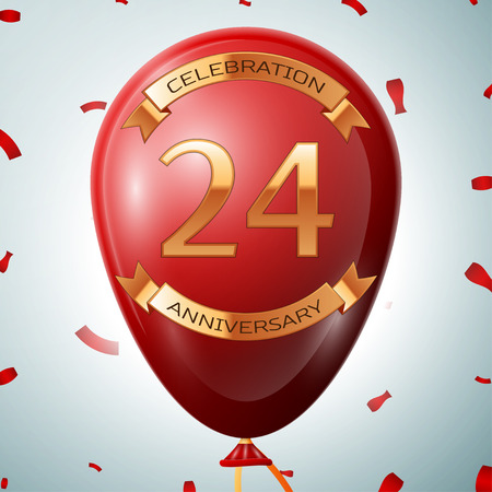 Red balloon with golden inscription twenty four years anniversary celebration and golden ribbons on grey background and confetti. Vector illustrationのイラスト素材