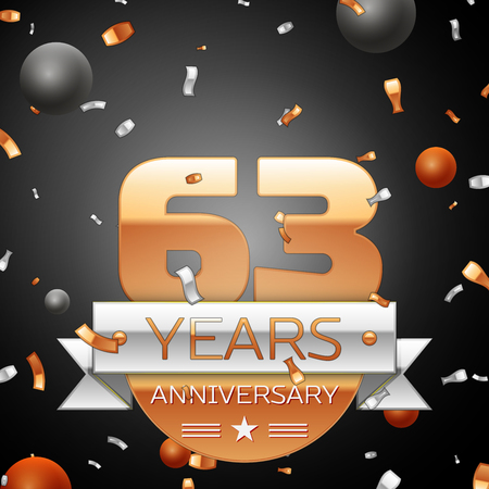 Sixty three years anniversary celebration background with silver ribbon confetti and circles. Anniversary ribbon. Vector illustration.のイラスト素材