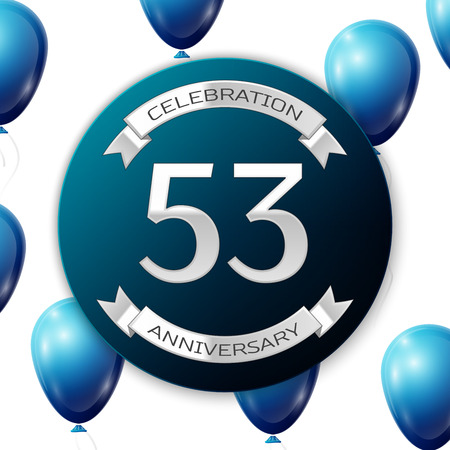 Silver number fifty three years anniversary celebration on blue circle paper banner with silver ribbon. Realistic blue balloons with ribbon on white background. Vector illustration.のイラスト素材