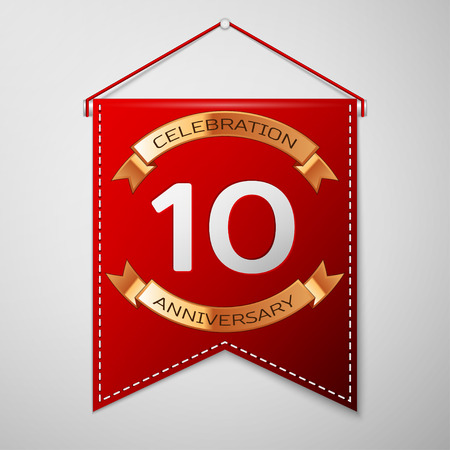 Red pennant with inscription Ten Years Anniversary Celebration Design over a grey background. Golden ribbon. Colorful template elements for your birthday party. Vector illustrationのイラスト素材