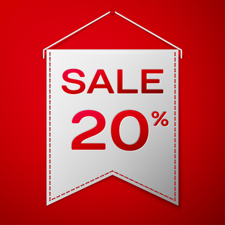 Grey pennant with inscription sale twenty percent Discounts over a red background. Sale concept for shops store market, web and other commerce. Vector illustration.のイラスト素材