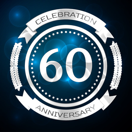 Sixty years anniversary celebration with silver ring and ribbon on blue background. Vector illustrationのイラスト素材