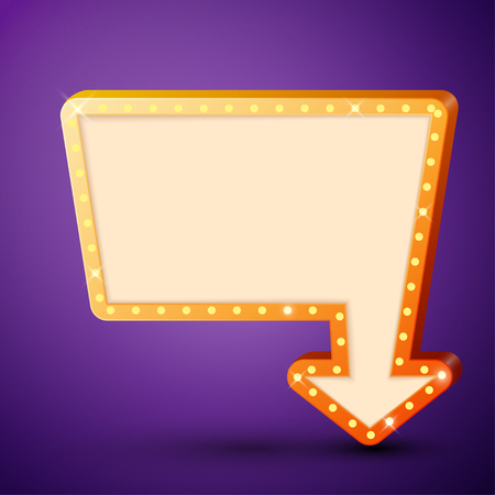 Retro billboard with shining lamps and arrow on purple background. Business banner, shopping promotion poster, bright signboard. Vector illustrationのイラスト素材