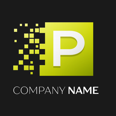 Letter P vector logo symbol in the colorful square with shattered blocks on black background. Vector template for your designのイラスト素材