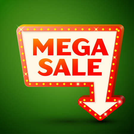 Retro billboard with shining lamps and arrow with inscription mega sale on green background. Business banner, shopping promotion poster, bright signboard. Vector illustrationのイラスト素材