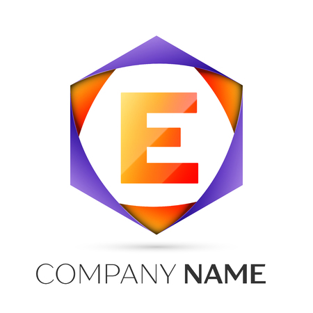 Letter E vector logo symbol in the colorful hexagonal on grey background. Vector template for your designのイラスト素材