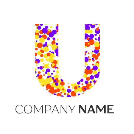 Letter U logo with purple, yellow, red particles and bubbles dots on white background. Vector template for your designのイラスト素材