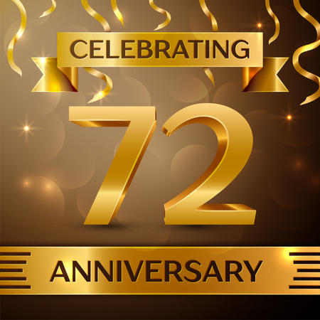 Seventy two Years Anniversary Celebration Design. Confetti and gold ribbon on golden background. Colorful Vector template elements for your birthday party. Anniversary ribbonのイラスト素材