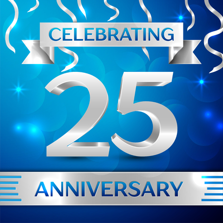 Twenty five Years Anniversary Celebration Design. Confetti and silver ribbon on blue background. Colorful Vector template elements for your birthday party. Anniversary ribbonのイラスト素材