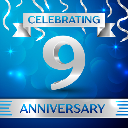 Nine Years Anniversary Celebration Design. Confetti and silver ribbon on blue background. Colorful Vector template elements for your birthday party. Anniversary ribbonのイラスト素材