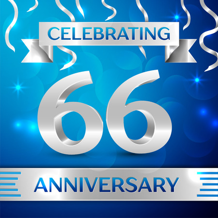 Sixty six Years Anniversary Celebration Design. Confetti and silver ribbon on blue background. Colorful Vector template elements for your birthday party. Anniversary ribbonのイラスト素材