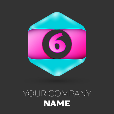 Realistic Number six vector logo symbol in the colorful hexagonal on black background. Vector template for your designのイラスト素材