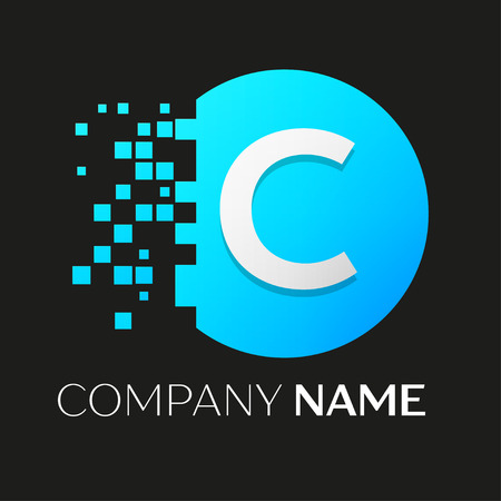 Realistic letter C vector logo symbol in the colorful circle with shattered blocks on black background. Pixel Motion. Vector template for your designのイラスト素材