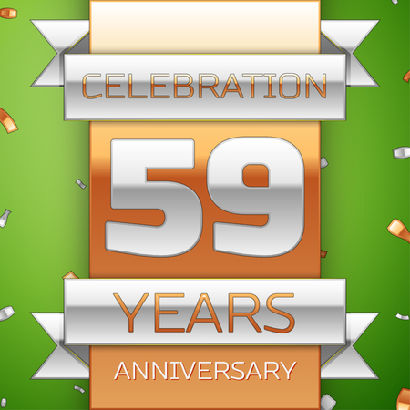 Realistic Fifty nine Years Anniversary Celebration Design. Silver and golden ribbon, confetti on green background. Colorful Vector template elements for your birthday party. Anniversary ribbonのイラスト素材