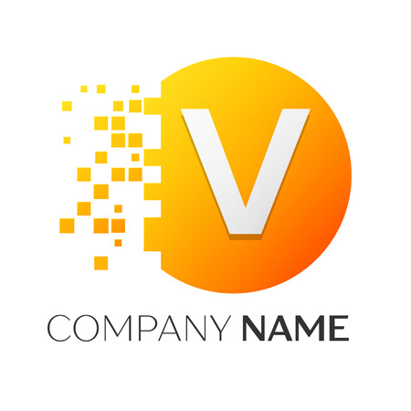 Realistic letter V vector logo symbol in the colorful circle with shattered blocks on white background. Pixel Motion. Vector template for your designのイラスト素材