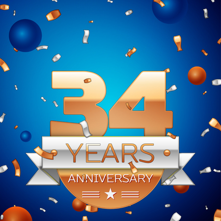 Realistic Thirty four Years Anniversary Celebration Design. Golden numbers and silver ribbon, confetti on blue background. Colorful Vector template elements for your birthday party. Anniversary ribbonのイラスト素材