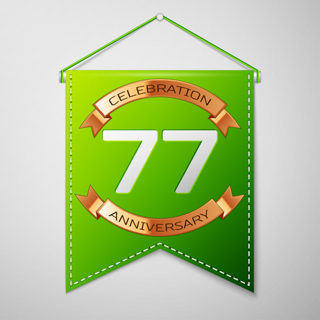 Realistic Green pennant with inscription Seventy seven Years Anniversary Celebration Design on grey background. Golden ribbon. Colorful template elements for your birthday party. Vector illustrationのイラスト素材
