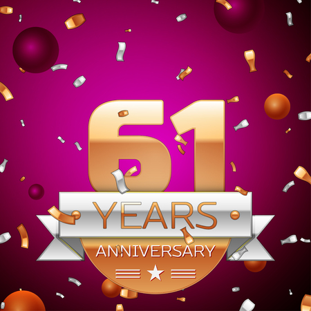 Realistic Sixty one Years Anniversary Celebration Design. Golden numbers and silver ribbon, confetti on purple background. Colorful Vector template elements for your birthday partyのイラスト素材